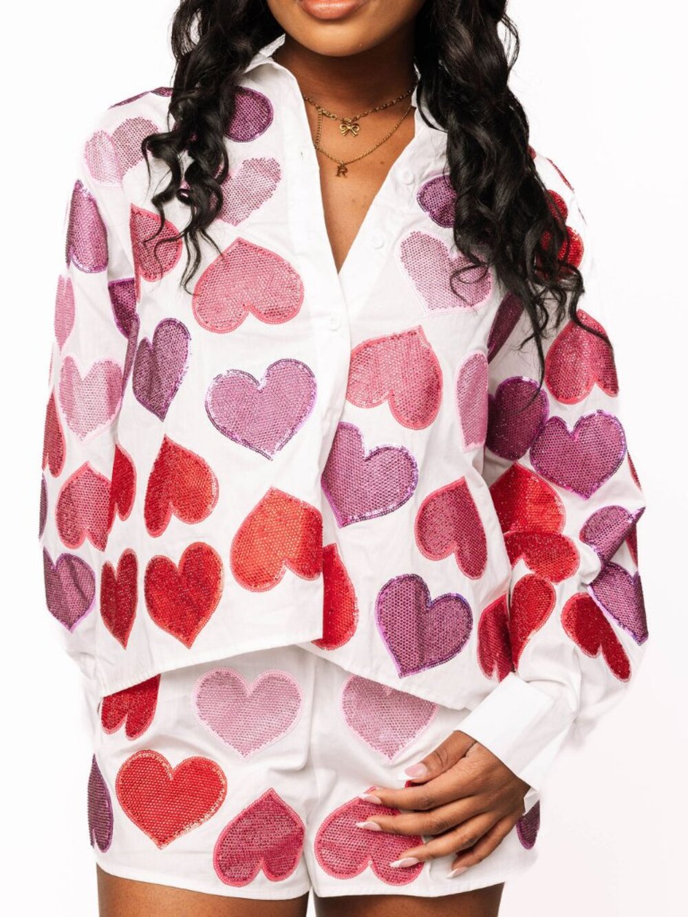 Rhinestone Hearts Button Up